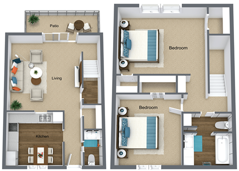 Floor plan for 2 beds, 1.5 baths, 1079 sqft